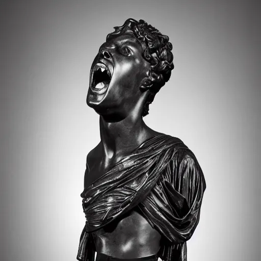 Image similar to studio portrait, a roman revival black marble statue of a screaming roman woman with her face and torso covered in an intricate golden fishing net