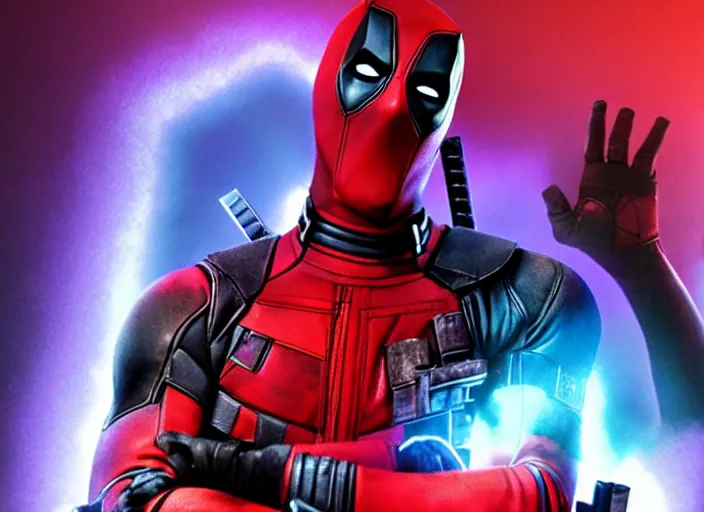 Image similar to film still of Deadpool working as a twitch streamer next to his RGB gaming PC in his neon lit bedroom in the new Deadpool movie, 4k