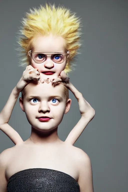 Image similar to studio portrait of cute girl that looks excactly like lisa simpson, lookalike, as if lisa simpson came to life, soft light, black background, fine details, close - up, award winning photo by martin schoeller