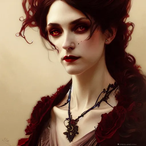 Prompt: elegant victorian vampire, portrait, intricate, elegant, highly detailed, digital painting, artstation, concept art, rough, sharp focus, illustration, art by artgerm and greg rutkowski and alphonse mucha