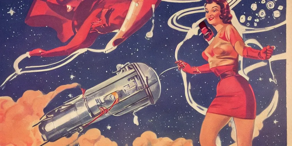 Prompt: 1950's illustration. Sci-Fi. Pinup. Women in the space suit riding retro rocket in the space.