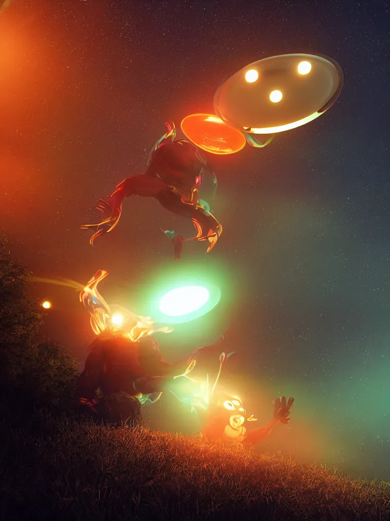 Image similar to its midnight and Bigfoot is engulfed in light while being abducted by a flying saucer with multi-colored lights, cinematic, hyper realism, high detail, bright lights, octane render, 8k