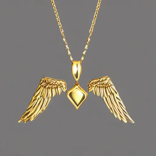 Image similar to 3 d silver and gold 2 tone necklace, on box chain, pendant is androgynous anatomical angel with 6 wings covered in eyes in a flying pose with 5 fingered hands on each side in a pose, casted in both silver and gold, high quality render, jewelry photography, octane render, studio lighting, ray traced