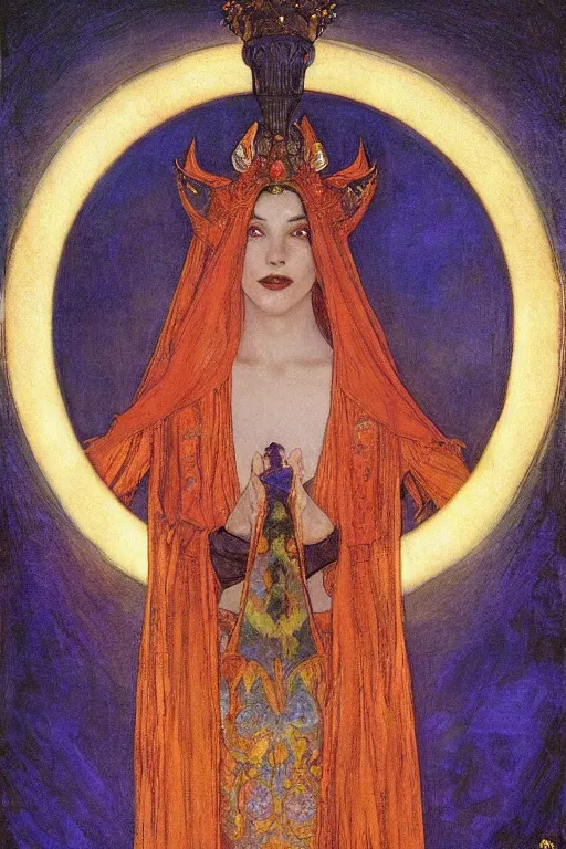 Image similar to queen of the night with her lantern and regalia, by Annie Swynnerton and Nicholas Roerich and jean delville, dramatic cinematic lighting , ornate headdress , flowing robes, lost civilizations, extremely detailed