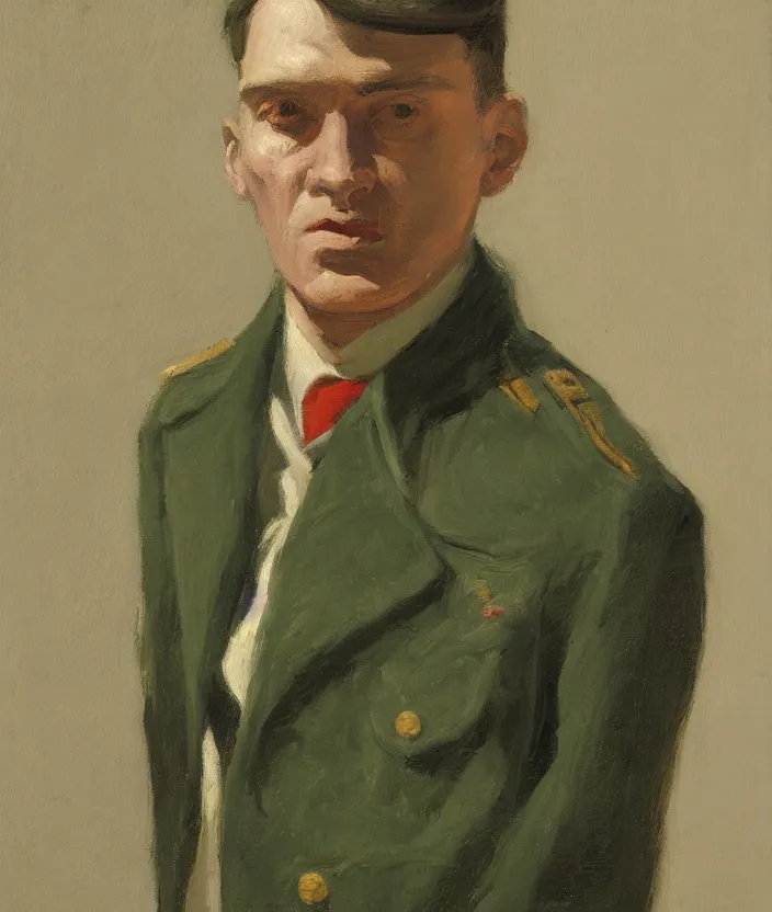 Prompt: a very detailed portrait of a man, wearing an open military jacket, frontal view, in the style of edward hopper and oswald hornby joseph birley, very small brushstrokes, 4 k,
