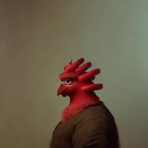 Prompt: scary portrait of an big fat asian man dressed as a chicken, the chicken man, man dressed as a chicken, highly detailed painting by sergey kolesov, 8 k, man dressed as a chicken, antropormophic art