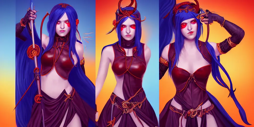 Image similar to triptych of youthful female feminine horned tiefling female bard with long bob cut blue hairstyle, her skin is orange and pale, she has immaculate skin and her eyes are pure black orbs and she is wearing colorful leather armor by rossdraws,