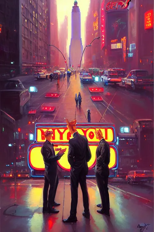 Image similar to four guys drove one into the gateway of the new york of the future, neon signs,, painting by greg rutkowski, j. c. leyendecker, artgerm