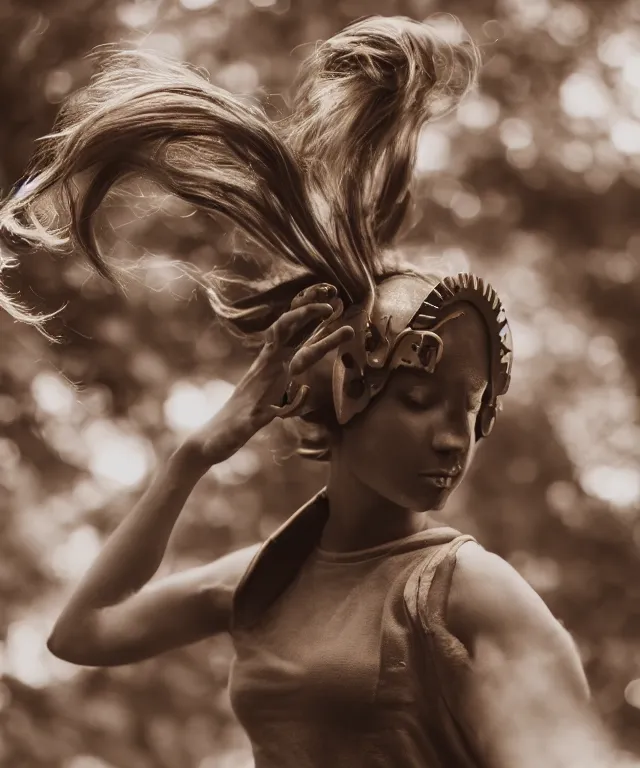 Image similar to A beautiful girl makes bronze gear, 50mm photo, soft light, extremely high details, motion blur