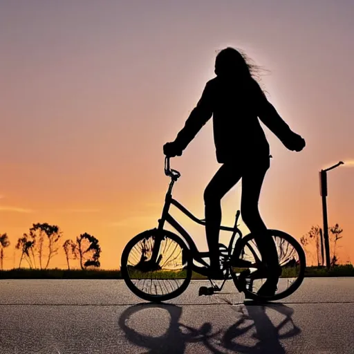 Prompt: a beautiful girl rides a bicycle on the street at dusk