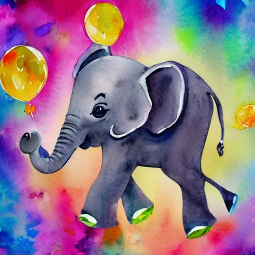 Image similar to watercolor baby elephant with trunk up in air and confetti flying in air, white background, blank background