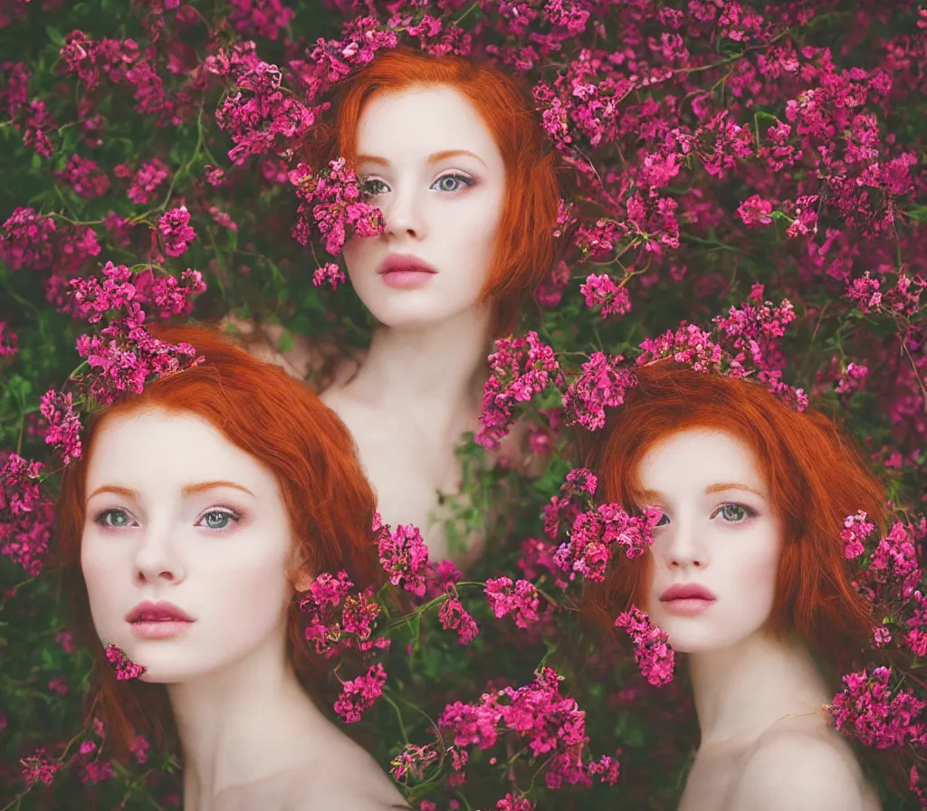 Image similar to Fine art photo of a beauty model, she is redhead, she is posing while maintain a sweet eye contact to the camera, she has a crown of flowers and she has flowers around her, the photo was taken at sunset; you can see a bokeh effect behind the model, the photo was taken by Annie Leibovitz, photorealistic, matte painting, hyper realistic, concept art, 4k, 8k, cinematic composition, cgsociety, HD, highly detailed, octane render, unreal engine 5, trending on artstation, shaders