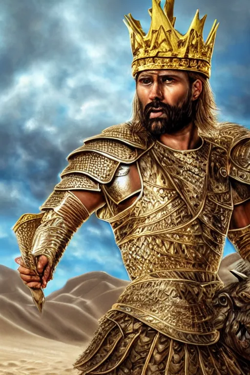 Prompt: Hyper-realistic Portrait of the King of the Desert, Warrior Man, standing in Sand, detailed scene, Gold Armour and Crown, Sword, handsome attractive face, beautiful face, photo realistic, highly detailed, dramatic lighting, majestic, trending on artstation, elegant, intricate, highly detailed, digital painting, concept art, sharp focus, illustration, art by artgerm and greg rutkowski and alphonse mucha