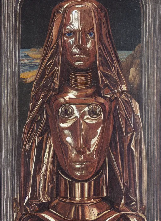 Image similar to a portrait of a shiny metallic renaissance robot, in the style of Jan van Eyck,