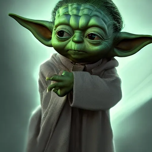 Image similar to young yoda in the dark, au naturel, hyper detailed, digital art, trending in artstation, cinematic lighting, studio quality, smooth render, unreal engine 5 rendered, octane rendered, art style by klimt and nixeu and ian sprigger and wlop and krenz cushart