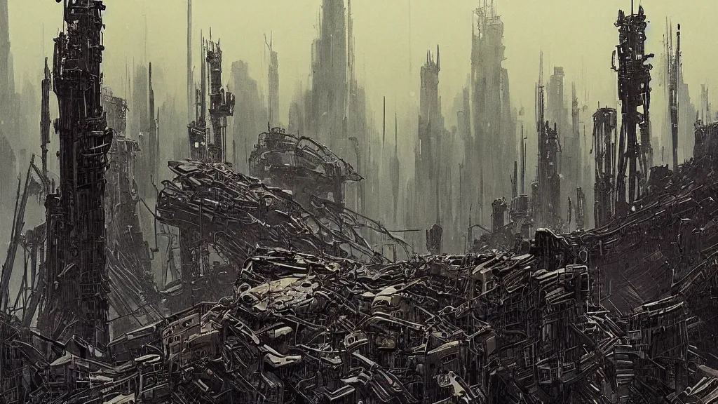 Image similar to group of survivors, megastructures, remnants of the human civilization, post - apocalyspe, machines, bleak, eerie atmospheric, a color illustration by tsutomu nihei, gerald brom and vincent di fate, epic cinematic matte painting