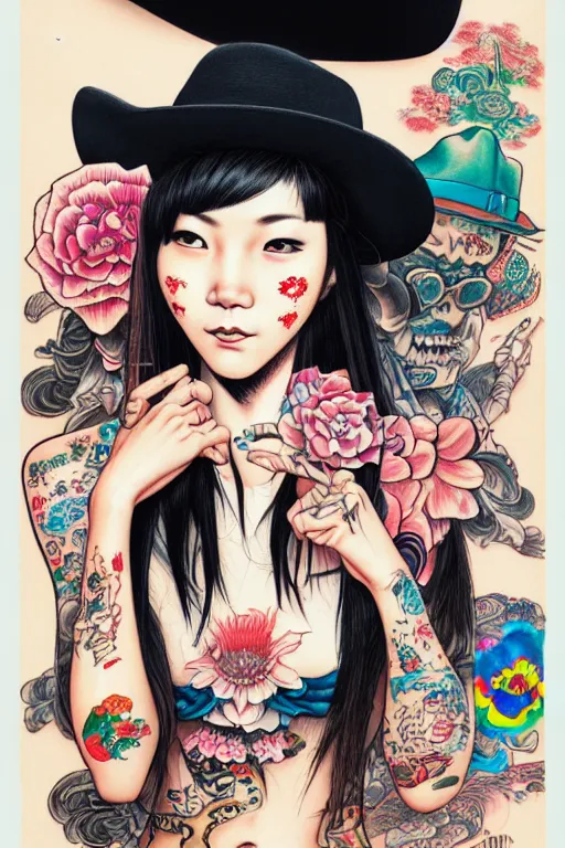 Image similar to full view of taiwanese girl with tattoos, wearing a cowboy hat, style of yoshii chie and hikari shimoda and martine johanna and will eisner, highly detailed