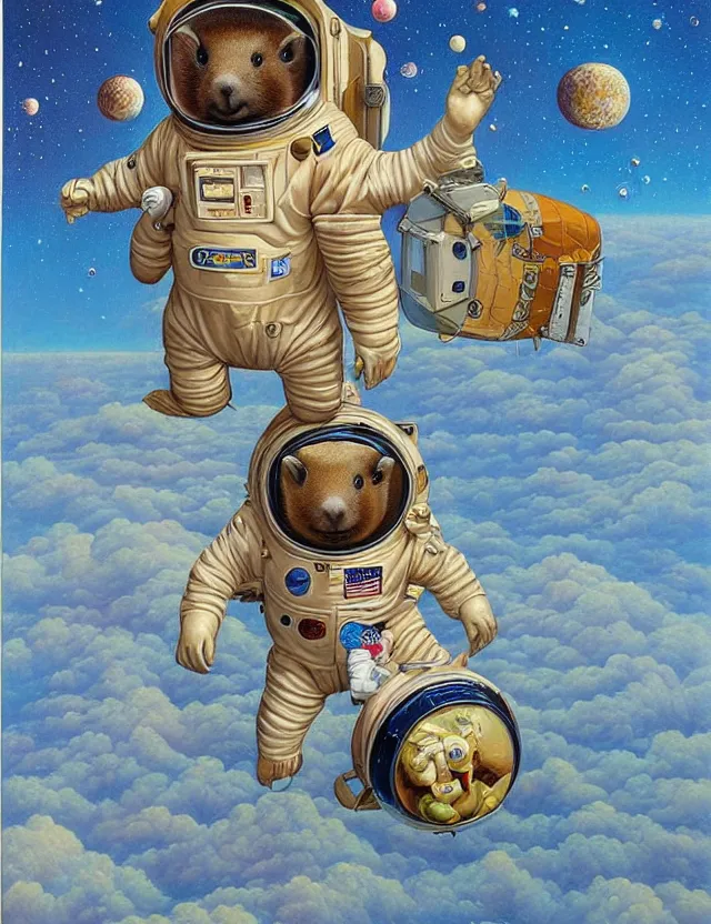 Image similar to beautiful detailed and adorable painting of a capybara astronaut in a spacesuit floating above earth by casey weldon by mark ryden by thomas blackshear, super cute, new contemporary, pop surrealism, oil painting