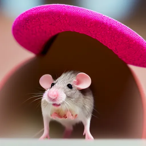 Image similar to mouse with pink cowboy hat in the bathroom, photo realistic, f 1. 4, 1 0 0 mm lens, nat geo award winner, eos, sharp focus, bokeh