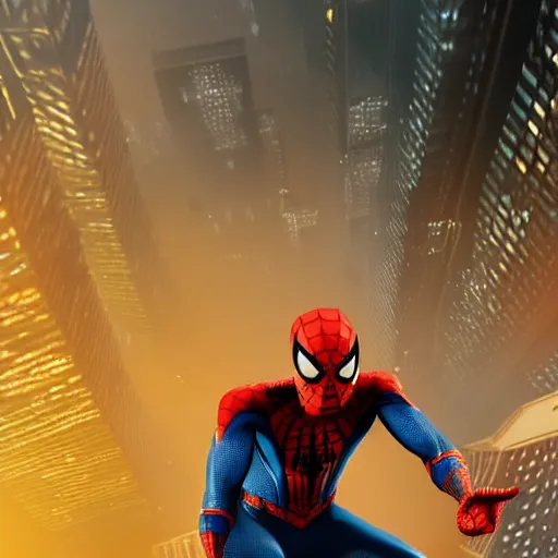 Image similar to A hyperdetailed photograph of Spider-Man swinging through the skies of a cyberpunk, futuristic city, night, dense fog, rain, HD, 8K resolution