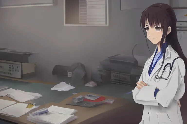 Image similar to a cute young female doctor wearing white coat are working in an emergency room , slice of life anime, cinematic, lighting, 8kHDR, anime scenery by Makoto shinkai