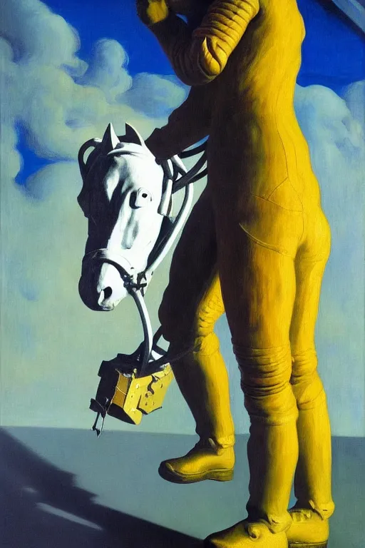 Image similar to astronaut carries a statue of a horse in his hands, hauntingly surreal, highly detailed painting by francis bacon, edward hopper, adrian ghenie, gerhard richter, and james jean soft light 4 k,