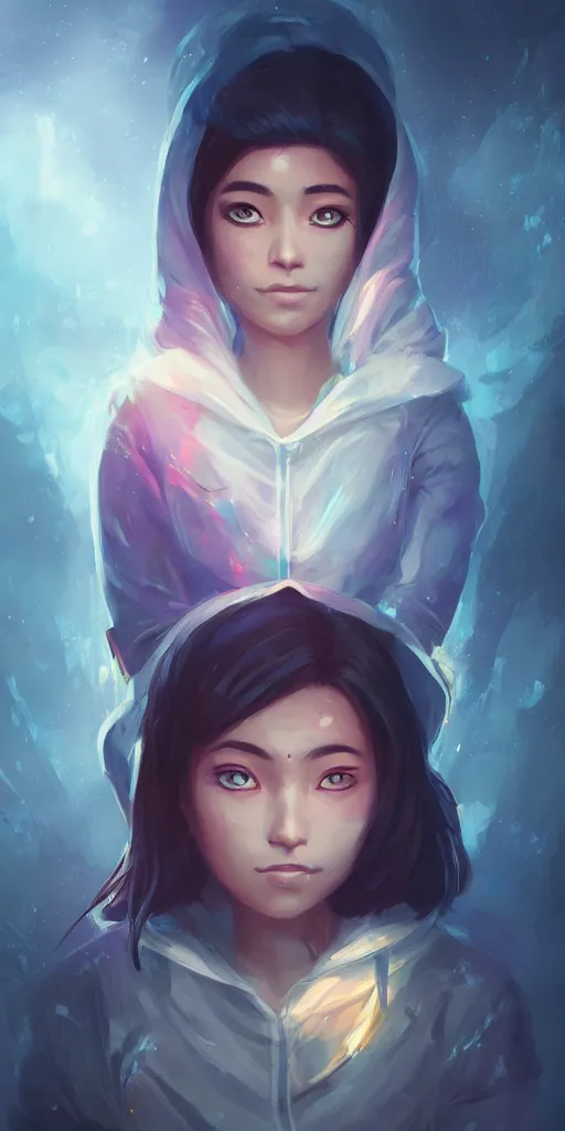 Image similar to beautiful young Himalayan woman, sad, futuristic, somber, iridescent sci-fi hoodie, by Makoto Shinkai and Wojtek Fus, by studio trigger, rossdraws, ambient occlusion