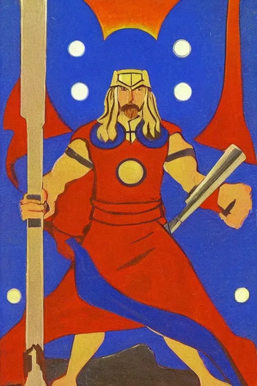 Image similar to thor with hammer, marvel, artwork by nicholas roerich,