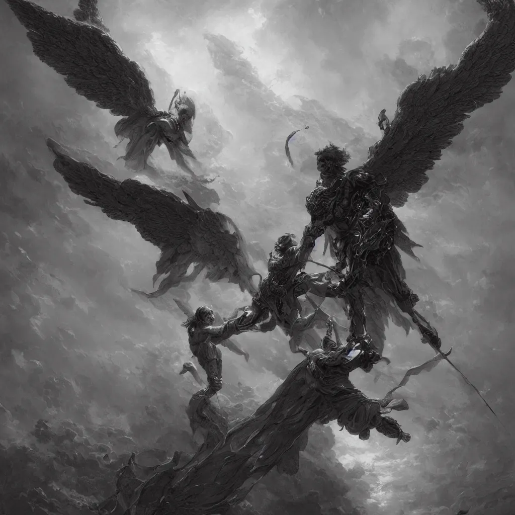 Image similar to Dark and dreary painting, a sword fight between an angel and a demon, angel with a halo on his head, demon has huge wings, by Gustave Dore, by greg rutkowski, trending on artstation