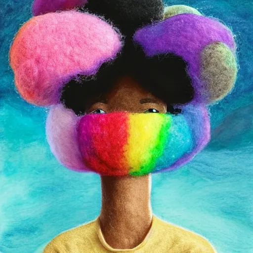 Image similar to a black girl with a colorful afro and rainbow eyes, in a candy forest! at night, bokeh, bright colours, watercolor, volumetric wool felting, macro photography, children illustration, by goro fujita