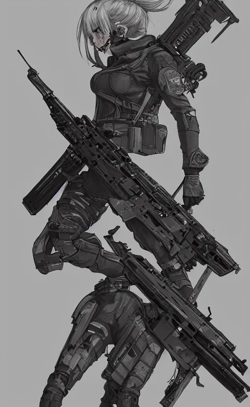 Image similar to highly detailed, high resolution, character design art, stunning, volumetric lightning, realistic guns, girls frontline style, matte, sharp focus, intricate, 150mm, illustration, artstation, by yusuke kozaki, realistic human anatomy, simple design, realistic military gear, metal gear style, comic book style