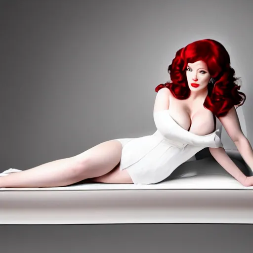 Image similar to Fine art photography of Christina Hendricks as Jessica Rabbit, reclining on a white piano, HDR 8k