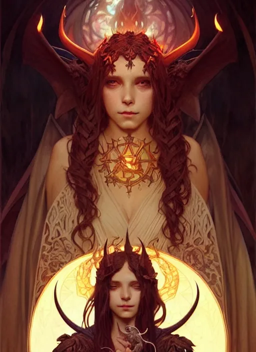 Prompt: a beautiful satanic sorcerer holding a small dragon, intricate, sharp focus, illustration, highly detailed, digital painting, concept art, matte, art by wlop and artgerm and greg rutkowski and alphonse mucha, masterpiece