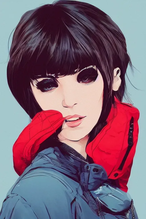 Image similar to a ultradetailed beautiful painting of a stylish woman wearing a puffer jacket, by conrad roset, greg rutkowsk and ilya kuvshinov trending on artstation