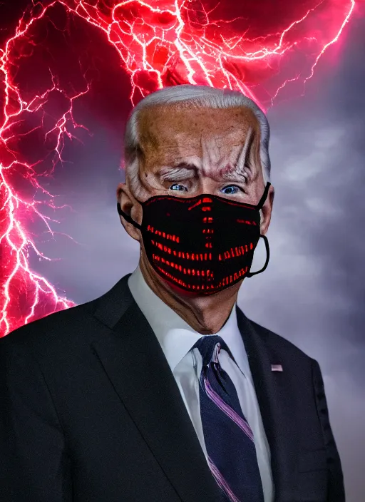 Image similar to hyper realistic ultra realistic harbinger of doom photo furious red glowing eyes biden, high quality photo, detailed , 8k