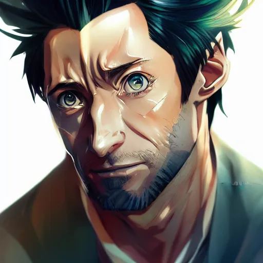 Image similar to anime portrait of Hugh Jackman as an anime man by Stanley Artgerm Lau, WLOP, Rossdraws, James Jean, Andrei Riabovitchev, Marc Simonetti, and Sakimichan, trending on artstation