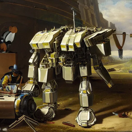 Prompt: Painting of a damaged combat mech being repaired by ground personnel, shiny reflective glass, lots of shiny metal, inspired by Pieter Claesz