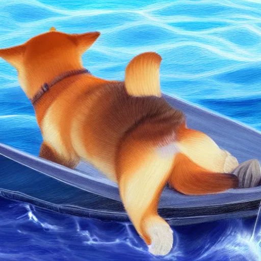 Prompt: a cute shiba inu steering a boat, endless sea, digital painting, 4 k, realistic