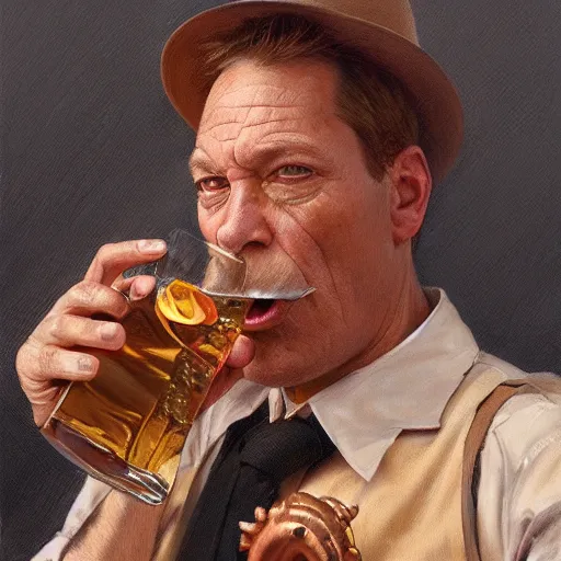 Image similar to barney from barney the dinosaur drinking whisky and smoking a cigar, portrait art by donato giancola and greg rutkowski, realistic face, digital art, trending on artstation