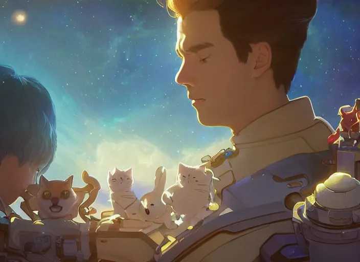 Prompt: a space handsome gay guys and their 1 0 pet space cats staring role in an awesome fun musical sci - fi space opera ghibli animated film, volumetric lighting, octane render by stanley artgerm lau, greg rutkowski, thomas kindkade, alphonse mucha, loish, norman rockwel, 8 k greg rutkowski