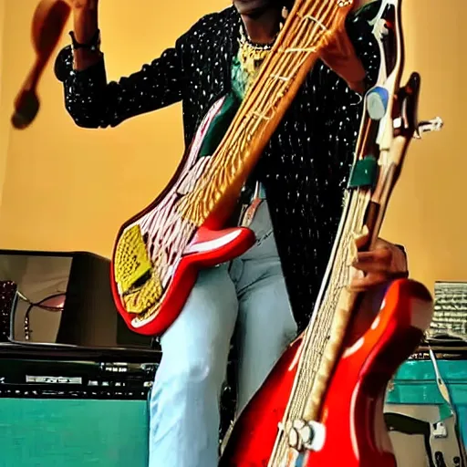 Prompt: hero alom playing bass