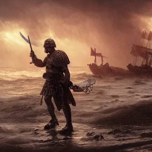 Prompt: a wet roman soldier, holding a sword, on a foggy beach, roughs seas as wreckage of a roman naval ship is wrapped in eldritch tentacles and eels, epic fantasy. highly detailed, dramatic lighting, octane render, 8 k concept art, matte painting, cinematic lighting