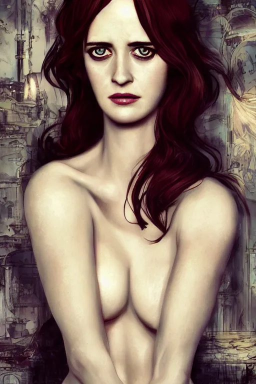 Image similar to character portrait of eva green with gorgeous detailed eyes, color page, tankoban, 4 k, tone mapping, doll, akihiko yoshida, james jean andrei riabovitchev marc simonetti, yoshitaka amano, bond girl, pale, casino royale