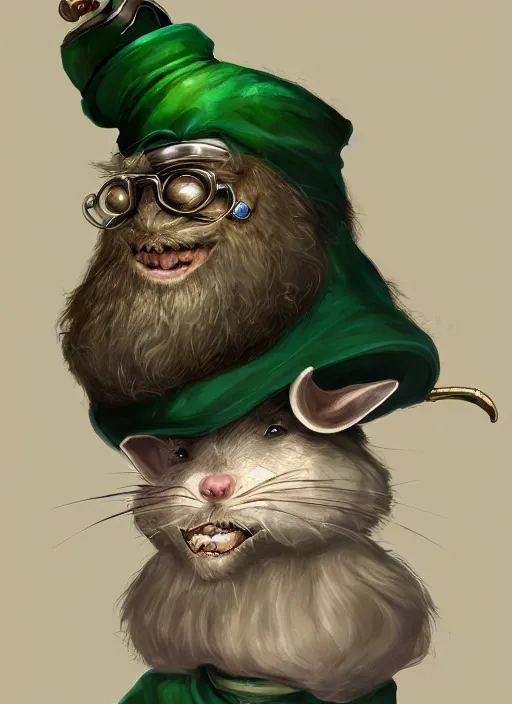 Image similar to antropomorphic rat with beard and human eyes, wearing jewelry, tricorne hat, green robe, d & d, digital art, detailed face, highly detailed, trending on artstation, 4 k, sea in the background