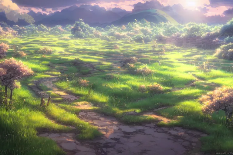 Prompt: anime countryside landscape, beautiful, artstation trending, deviantart, highly detailed, focus, smooth, by hirohiko araki, yoshitaka amano