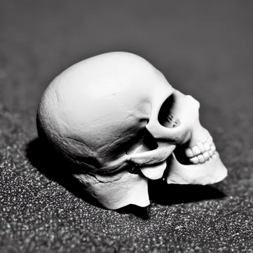 Image similar to a tiny, pristine white human Skull, plain black background, close-up macro photography, bokeh, shallow focus