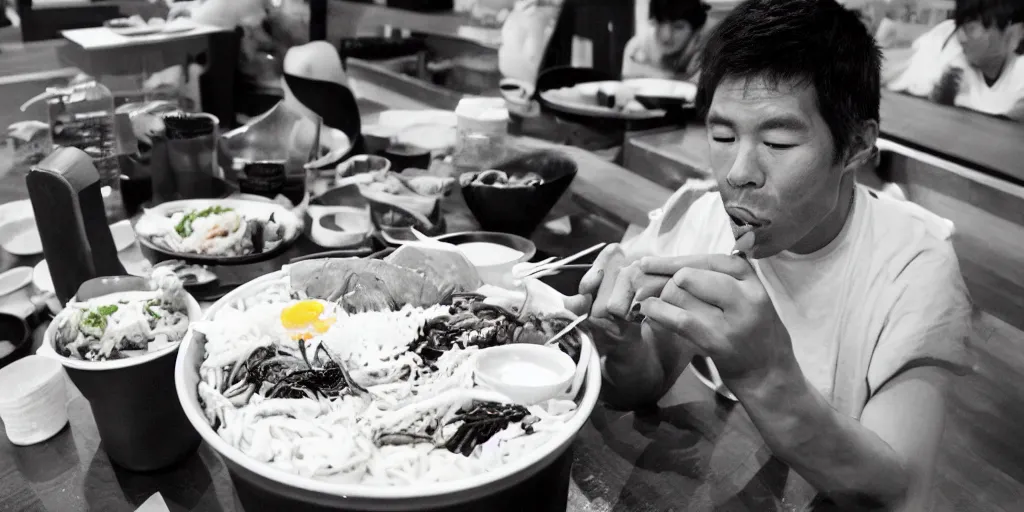 Image similar to a man eating bibimbap by huskmitnavn, black and white