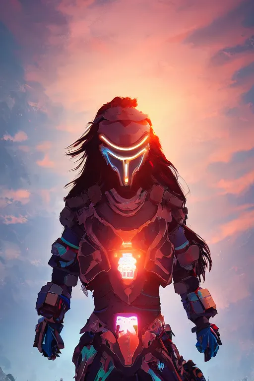 Image similar to combination suit armor aloy horizon forbidden west horizon zero dawn radiating a glowing aura global illumination ray tracing hdr fanart arstation by ian pesty and alena aenami artworks in 4 k tribal robot ninja mask helmet backpack