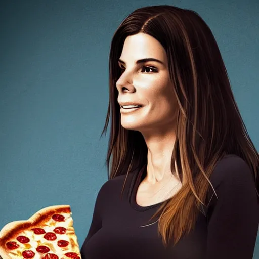 Prompt: sandra bullock eating pizza concept art, ultra realistic, digital art, rich deep colors, smooth shadows, high resolution, cinematic