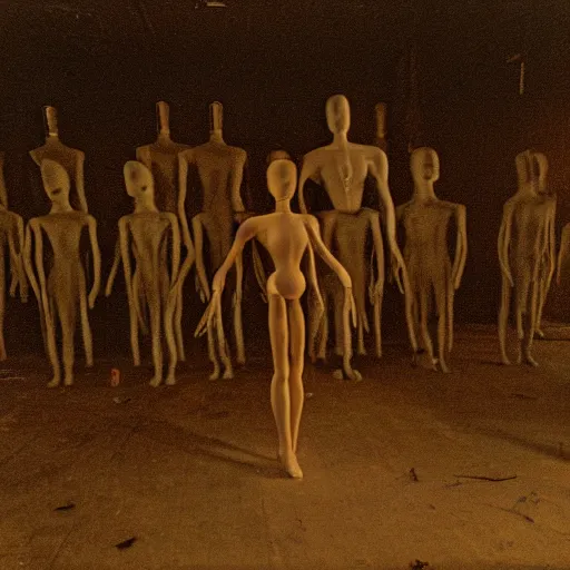 Image similar to cursed Photograph of an old black room full of mannequins, dust in the air, brown wood cabinets, SCP, taken using a film camera with 35mm expired film, bright camera flash enabled, award winning photograph, sleep paralysis demon crabwalking towards camera, creepy, liminal space, in the style of the movie Pulse, heavy film grain and scratches